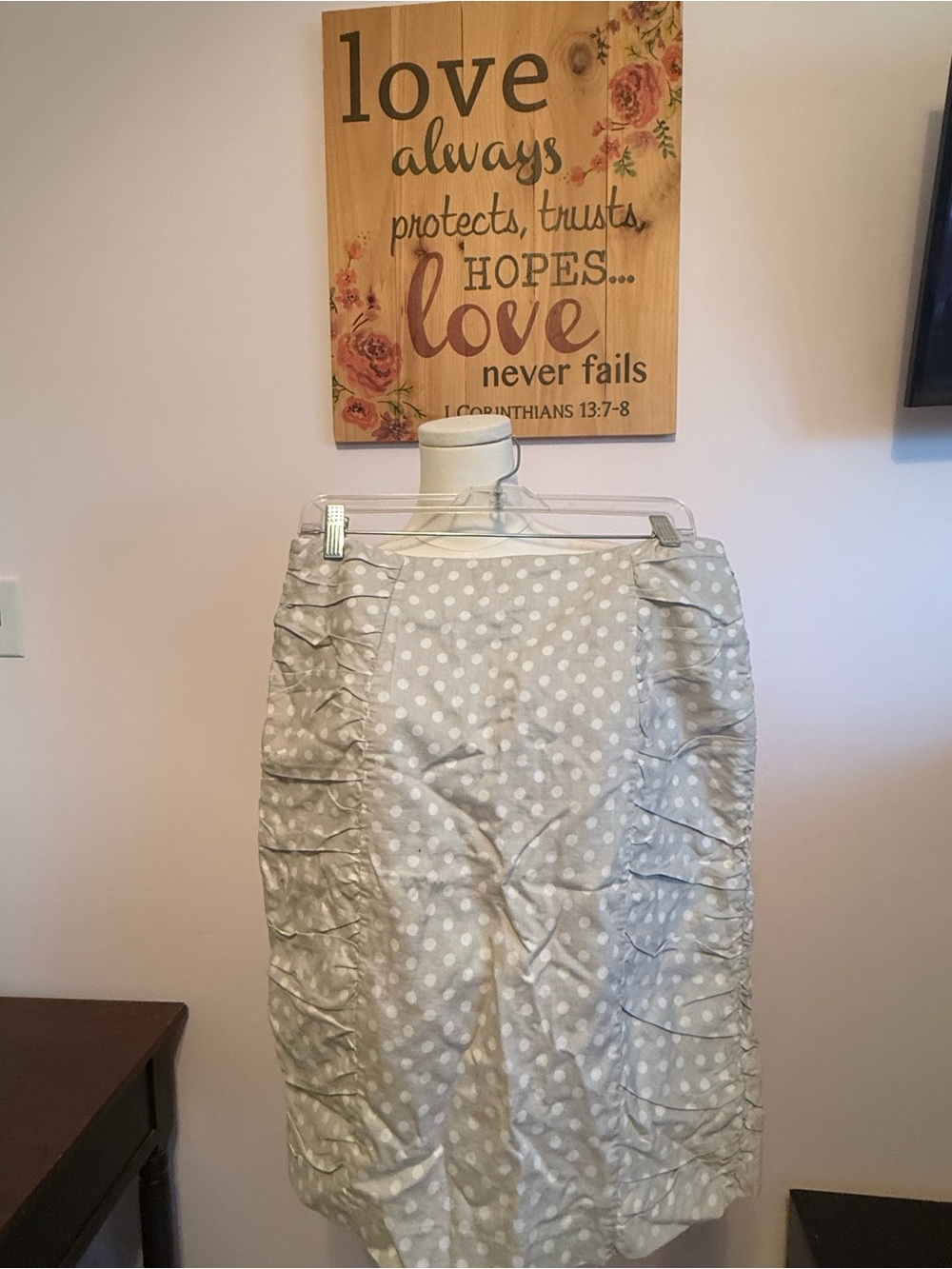 DownEast Light Gray Polka Dot Ruched Pencil Skirt